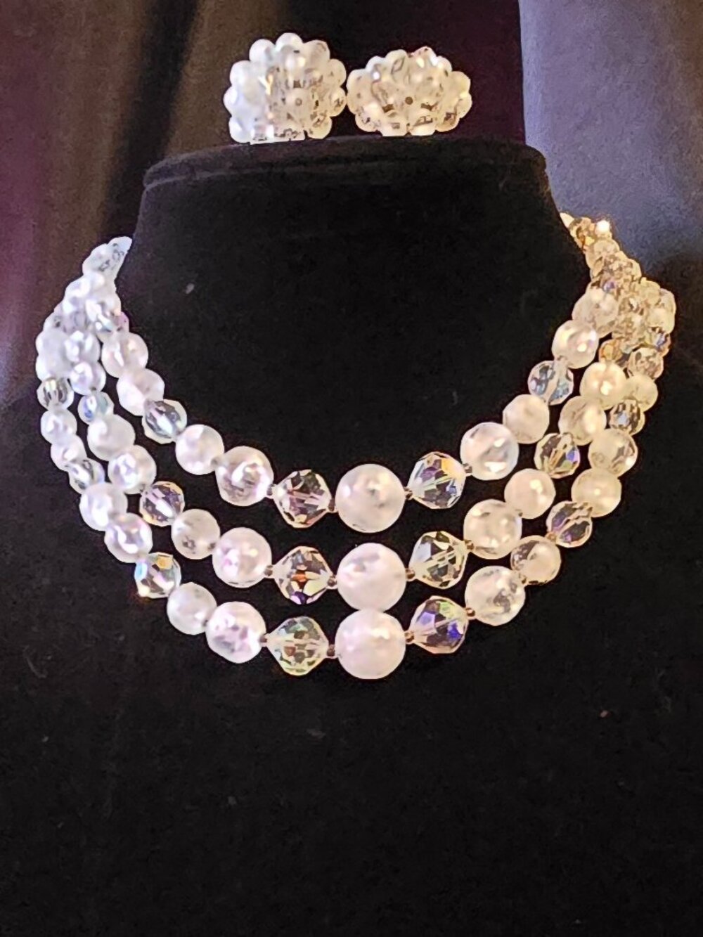 Laguna faceted crackle glass and AB crystal vintage demi-parure